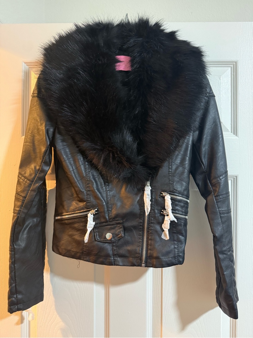 NWT Black leather fur jacket